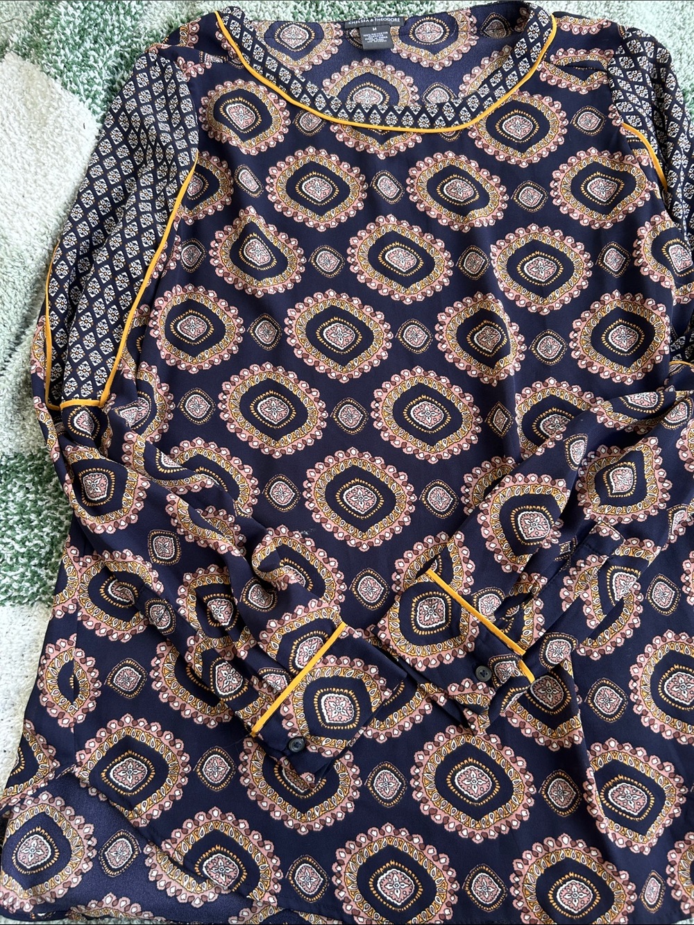 Chelsea & Theodore Navy Printed Long-Sleeve Tunic with Mustard Trim